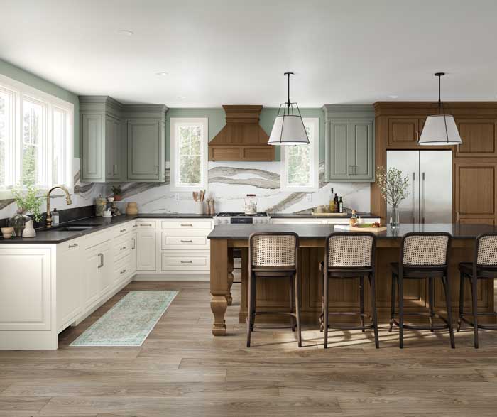 neutral modern kitchen with white and light green cabinetry amongst natural wood accents